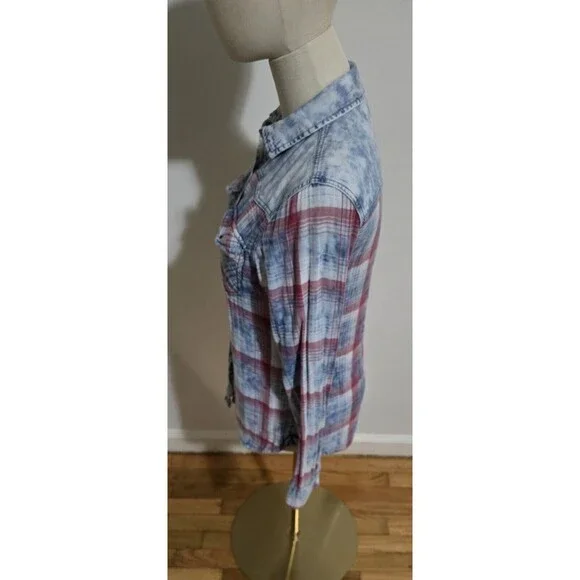 Pull & Bear Women's Small Plaid Western Button Up Flannel Lined Shirt Top Denim - Picture 9 of 16